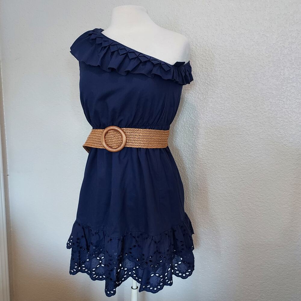 Nine West Blue One Shoulder Lace Hem Dress w/Belt Size 10P - Picture 7 of 11